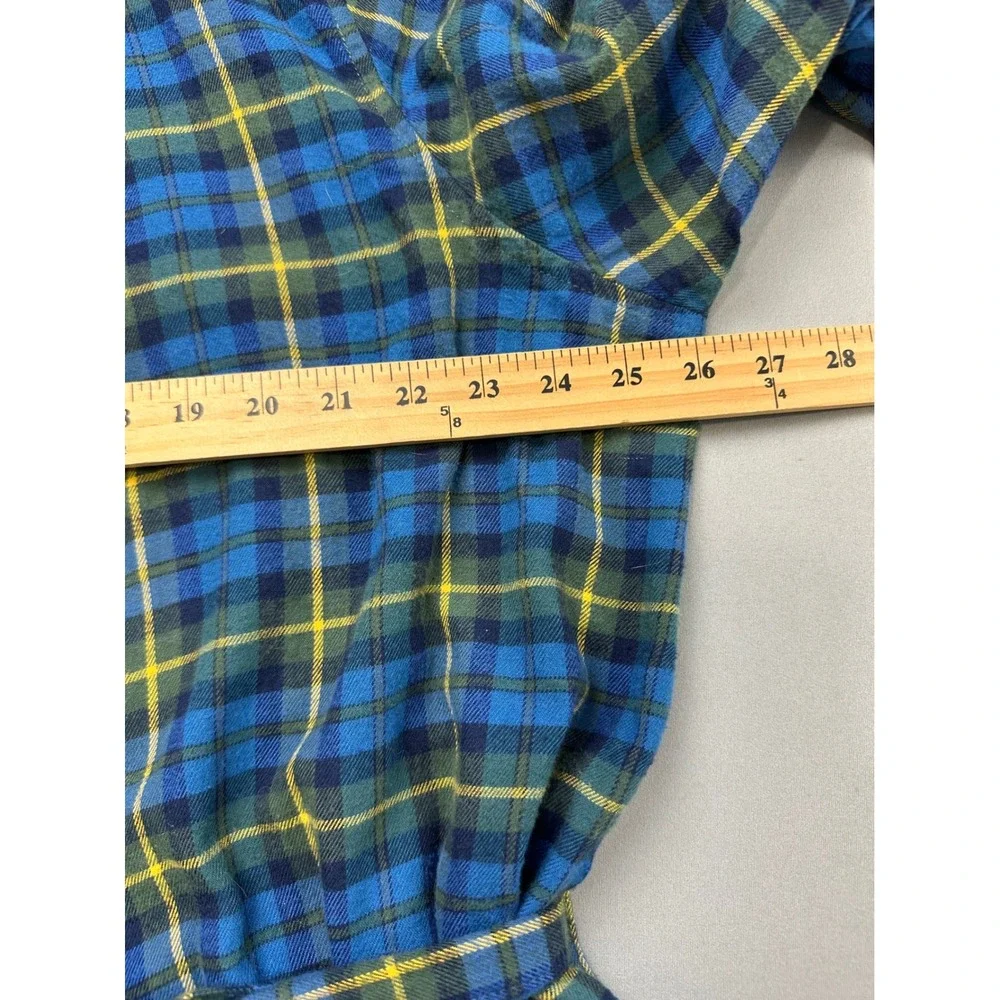 Lands End Mens Flannel Robe Blue Green Plaid Cotton Shawl Collar Belted Size M